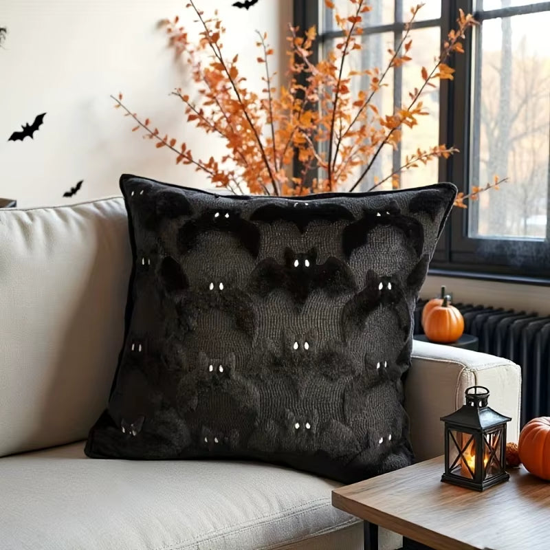 1Pc 3D Black Bat Plush Throw Pillow Cover, Gothic Dark Spooky Witch Halloween Decorative Cushion Cover, No Pillow Core