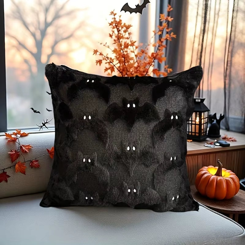 1Pc 3D Black Bat Plush Throw Pillow Cover, Gothic Dark Spooky Witch Halloween Decorative Cushion Cover, No Pillow Core